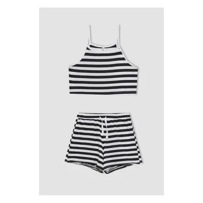 DEFACTO Girl 2-Piece Set Striped Suspender Tank Top Elastic Waist Shorts Bottom