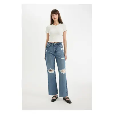 DEFACTO 90's Wide Leg Ripped Detailed High Waist Long Jean Trousers