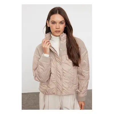 Trendyol Beige Oversize Knitwear Detailed Quilted Puffer Coat