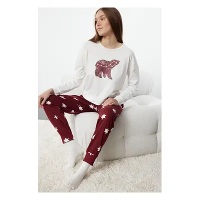 Trendyol Claret Red 100% Cotton Star Patterned Knitted Pajama Set