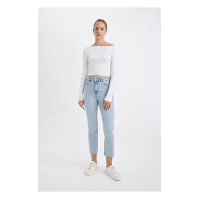 DEFACTO Mary Straight Leg High Waist Cut-Off Ankle Length Jean Washed Trousers