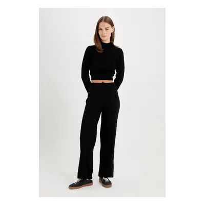 DEFACTO Stand Collar Long Sleeve Ribbed Crop and Elastic Waist Straight Leg Basic Knitwear Botto