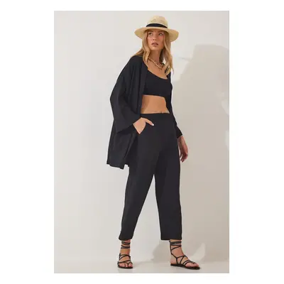 Happiness İstanbul Women's Black Kimono Pants Knitted Set