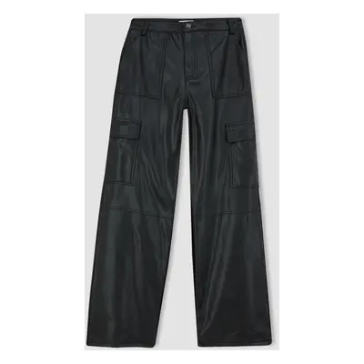 DEFACTO Wide Leg Wide Leg Cargo Pocket Basic Plain Faux Leather Pants