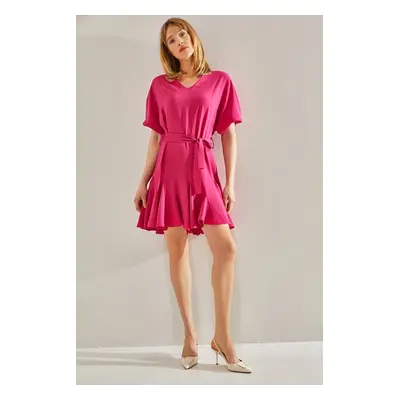 Bianco Lucci Women's Fuchsia Ruffle Detailed V-Neck Belted Dress