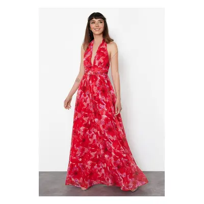 Trendyol Multicolored A-Line Floral Patterned Deep V-Neck Woven Long Evening Dress