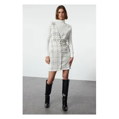 Trendyol Ecru Plaid / Checkered V Neck Mini Woven Vest Dress