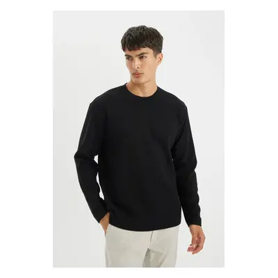 DEFACTO Men's Black Regular Fit Regular Cut Crew Neck Waffle Long Sleeve T-Shirt