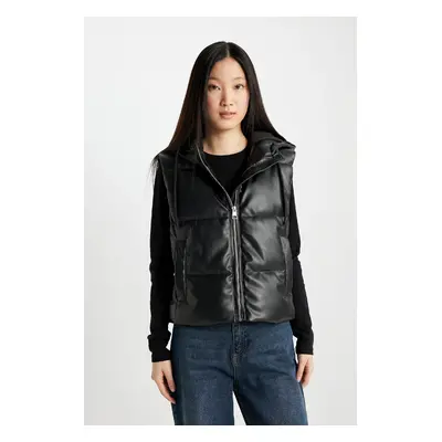 DEFACTO Water Repellent Faux Leather Puffer Vest with Hood and Zippered Pocket