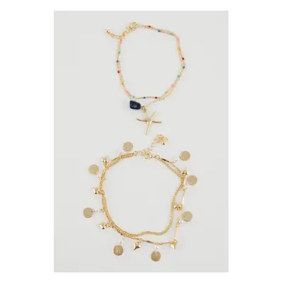 DEFACTO Women's 4-Piece Star Detailed Gold Anklet