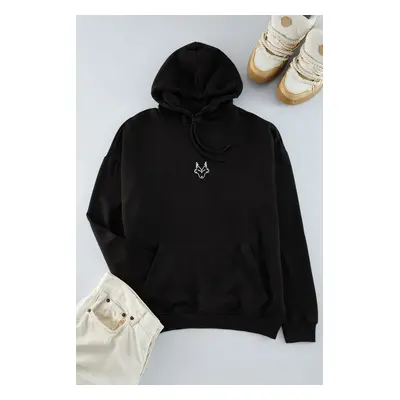 Trendyol Black Regular Cut Hooded Polar Fleece Inside Wolf Embroidered Sweatshirt