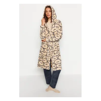 Trendyol Cream Wellsoft Animal Patterned Hooded Winter Knitted Dressing Gown