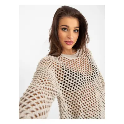 Beige openwork summer sweater with a round neckline