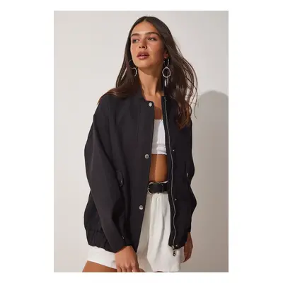 Happiness İstanbul Women's Black Wide Pocket Bomber Coat