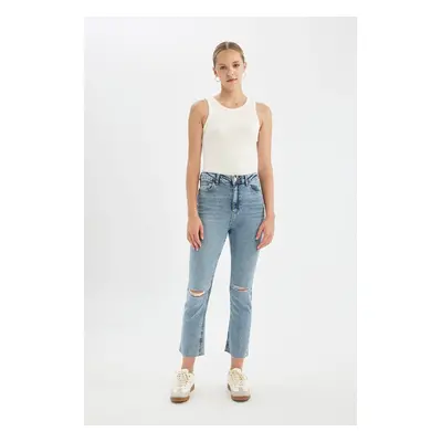 DEFACTO Mary Straight Leg Ripped Detailed High Waist Cut Out Ankle Length Jean Washed Trousers