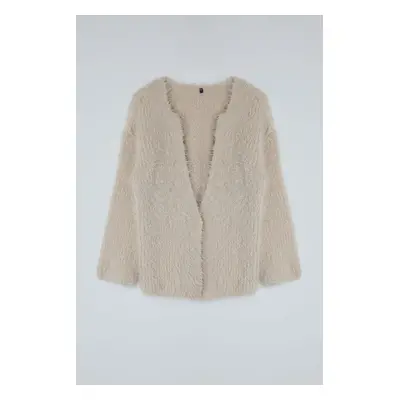 Trendyol Beige Furry Coat-Looking Knitwear Cardigan