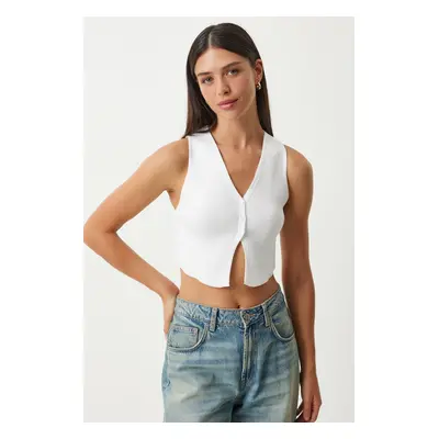 Happiness İstanbul Women's White V-Neck Crop Knitwear Vest