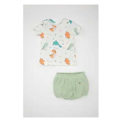 DEFACTO Baby Boy Dinosaur Patterned Short Sleeve T-Shirt Shorts Waffle 2-Piece Set