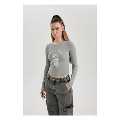 DEFACTO Fitted Crew Neck Printed Ribbed Camisole Long Sleeve T-Shirt