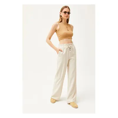 Olalook Women's Stone Pocket Elastic Waist High Waist Linen Trousers