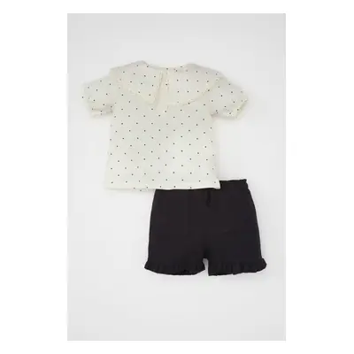 DEFACTO Baby Girl Polka Dot Short Sleeve Blouse Twill Shorts Piece Set