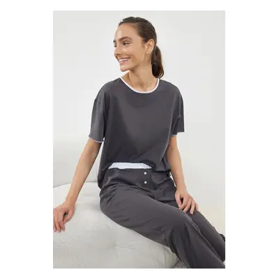 Trendyol Anthracite 100% Cotton Piping and Waist Elastic Detailed Knitted Pajama Set