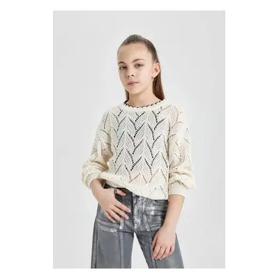 DEFACTO Girl's Crew Neck Openwork Sweater