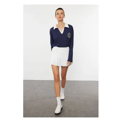 Trendyol Navy Blue Polo Neck Embroidery and Poplin Collar Detailed Oversize/Wide Pattern Knitted