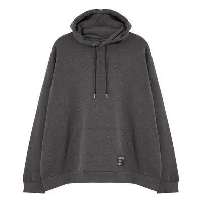 Trendyol Anthracite Plus Size Basic Comfortable Hooded Labeled Polar Fleece Cotton Sweatshirt