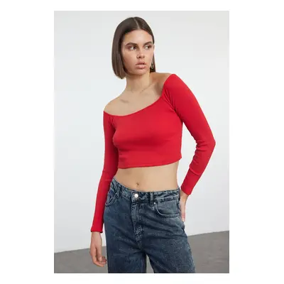 Trendyol Red Fitted Super Crop Carmen Collar Ribbed Stretch Knitted Blouse