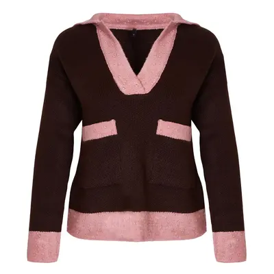 Trendyol Brown Soft Texture Color Block Knit Sweater