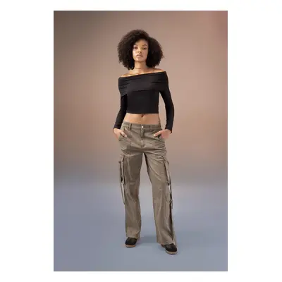 DEFACTO Straight Fit Cargo Pocket High Waist Standard Length Gabardine Trousers