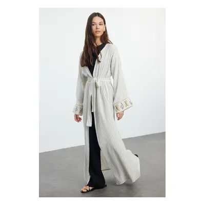 Trendyol Beige Linen Look Embroidered Woven Kimono & Kaftan & Abaya