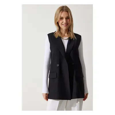 Happiness İstanbul Woman's Black Shawl Collar Double Breasted Woven Vest