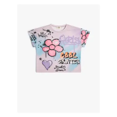 Koton Crop T-Shirt Graffiti Printed Short Sleeve Crew Neck