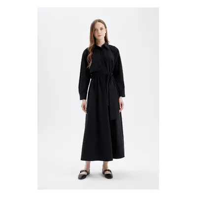 DEFACTO Shirt Collar Basic Plain Button Closure Belted Poplin Long Sleeve Maxi Black Dress