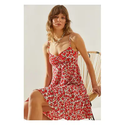 Bianco Lucci Women's Gather Detailed Strappy Floral Patterned Mini Dress