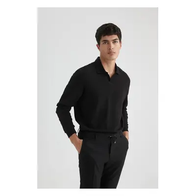 DEFACTO Men's Black Regular Fit Polo Neck Jacquard Knitwear Sweatshirt