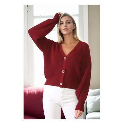 23325 Dewberry Button V-Neck Women Cardigan-BORDEAUX