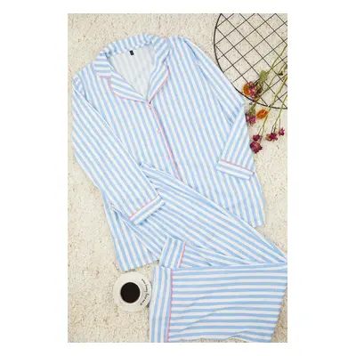 Trendyol Curve Blue Striped Piping Shirt Collar Knitted Pajamas Set