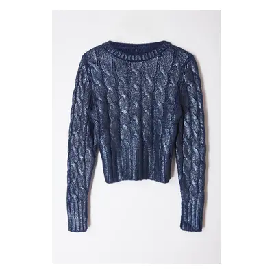 Trendyol Navy Blue Wide Pattern Foil Printed Knitwear Sweater