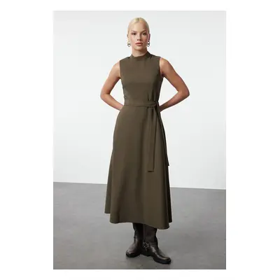 Trendyol Khaki Belted Waist Opening Stand Collar Midi Woven Dress