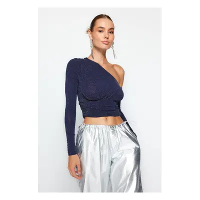 Trendyol Navy Blue Crop Shiny Silvery Knitted Bustier