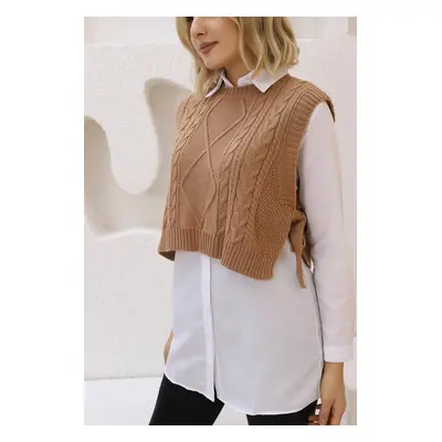 40399 Dewberry Side-Tied Women Sweater-CAMEL