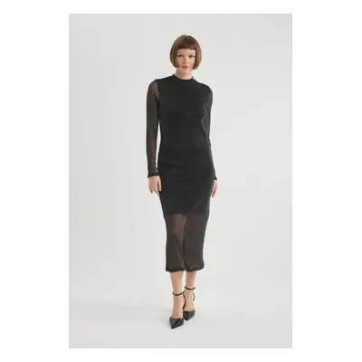 DEFACTO Bodycon Half Turtleneck Long Sleeve Tulle Midi Dress