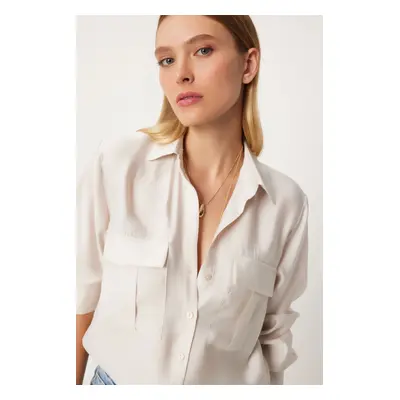 Happiness İstanbul Women's Cream Wide Pocket Tencel Shirt