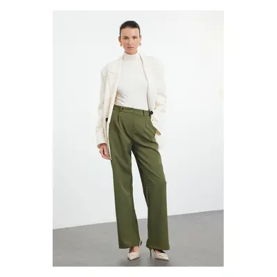 Trendyol Dark Khaki High Waist Wide Leg/Wide Leg Pleated Woven Trousers