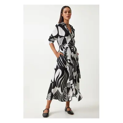 Happiness İstanbul Women's Black and White Patterned Belted Viscose Shirt Dress