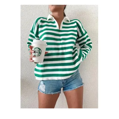 51782 Dewberry Polo Neck Striped Long Sleeve Sweater-GREEN