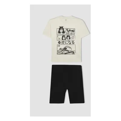 DEFACTO Girl's Printed Short Sleeve T-Shirt and Tights 2-Piece Set